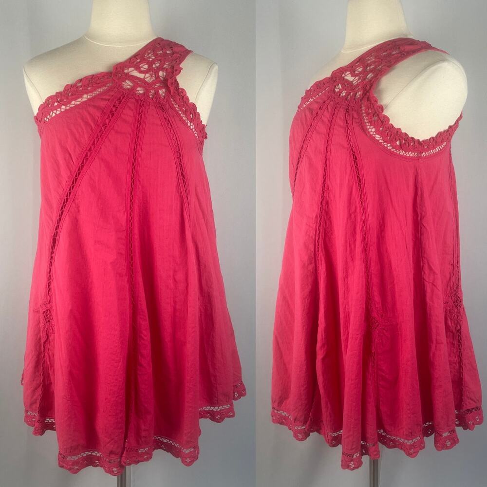 Free People Swing Dress Size Large Hot Pink One Shoulder Lace Boho Festival - Picture 15 of 15
